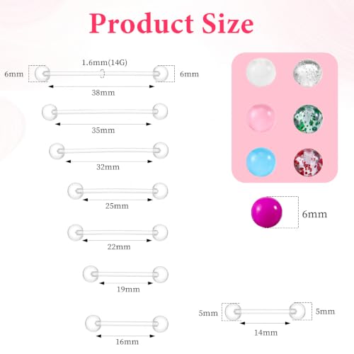 14G Plastic Tongue Rings - Nipple Rings for Surgery | 14/16/19/22/25/32/35/38mm，Clear Acrylic Nipple Piercing Tongue Rings For Women，24 Replacement Colorful Nipple Barbells