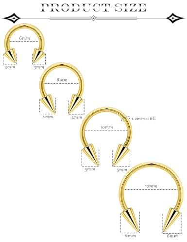 Long Spike Septum Rings 16G Surgical Steel Snake Bite Jewelry Lip Rings Smiley Piercing Jewelry for Women Men 6mm/8mm/10mm/12mm - color: gold-tone,8pcs,16g,Dia.6-12mm