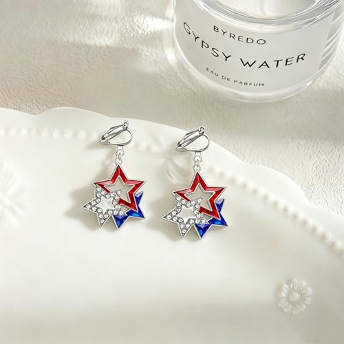 4th of July Independence Day Clip on Earring for Women American Flag Dangle Earrings Patriotic Red White Blue USA Earring, Pave Crystal Stud - color: Blue star