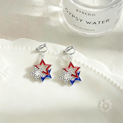 4th of July Independence Day Clip on Earring for Women American Flag Dangle Earrings Patriotic Red White Blue USA Earring, Pave Crystal Stud - color: Blue star