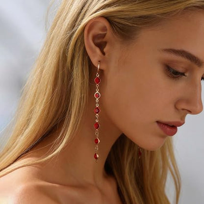 Ruby Crystal Dangle Earrings Red Rhinestone Tassel Drop Earrings Long Cz Chain Tassel Earrings Gold Huggie Hoop Earrings Ruby Wedding Earrings - color: Red