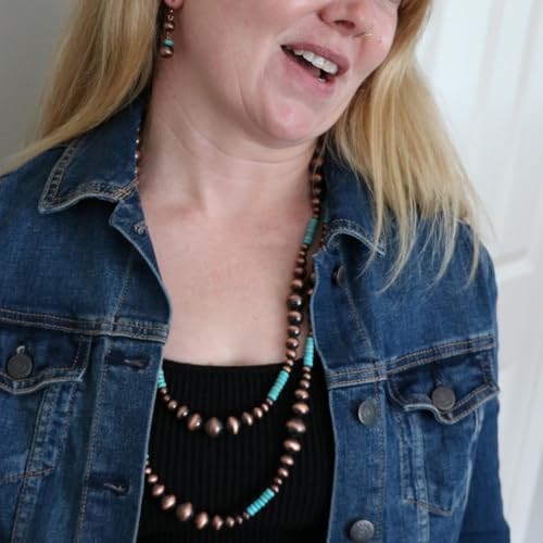 Rosemarie Collections Women's Extra Long Navajo Pearl And Turquoise Howlite Bead Statement Western Endless Strand Necklace Earrings Set, 60" - color: Metallic Copper