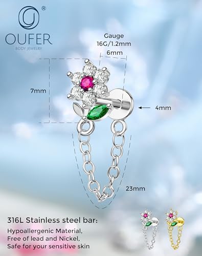 OUFER 16G Threadless Flat Back Cartilage Stud with Chain Dangle, Flower CZ Cluster Labret for Helix/Conch/Tragus/Lobe, 316L Stainless Steel, 6mm Post - color: Silver