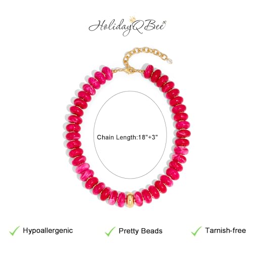 Beaded necklace for Women Boho Bead Gemstone Chunky Necklace Big Bead Necklace Fashion Trendy Summer Necklaces Jewelry Gifts - color: Rose Red&GD Beaded
