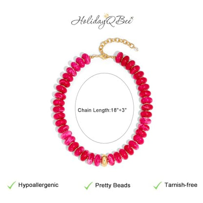 Beaded necklace for Women Boho Bead Gemstone Chunky Necklace Big Bead Necklace Fashion Trendy Summer Necklaces Jewelry Gifts - color: Rose Red&GD Beaded