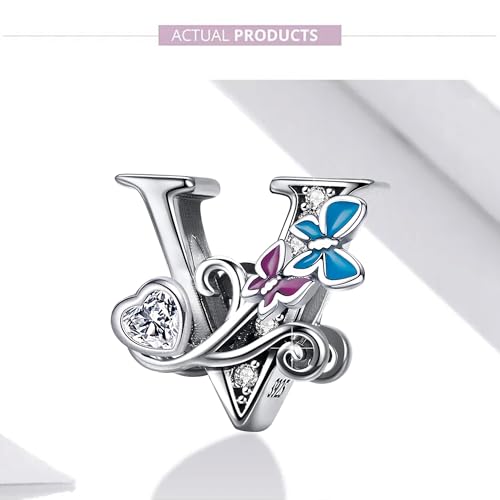S925 Silver Butterfly Initial Letter Charms Fit for Pandora Charms Bracelets and Necklace Alphabet Bead Charms Jewelry Gifts for Women - color: V