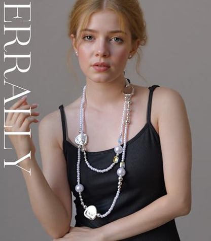 Errally Long Pearl Necklace and Earring Set Layered Pearl Beaded Necklaces for Women White Costume Jewelry Sets Gifts for Mom - color: Silver Piece