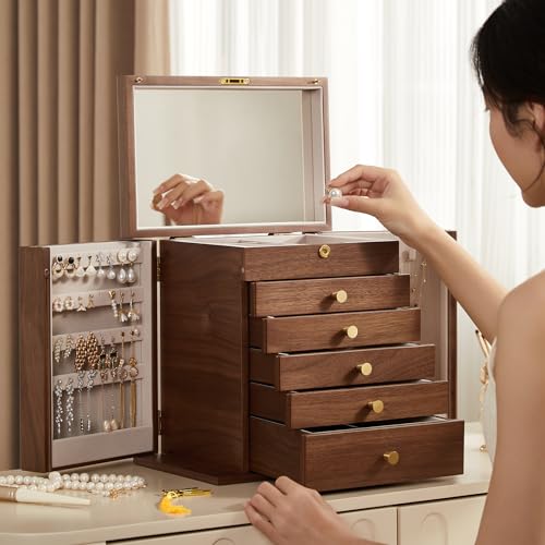 CHOSIN Black Walnut Wooden Jewelry Box for Women with Lock, Mirror, 6 Layer | Lockable wity Key, 5 Drawers, 2 Side Doors, Large Storage for Necklaces, Earrings, Rings, Watches, Brooches, Women Gifts - size: 6 Layer - Full Lock