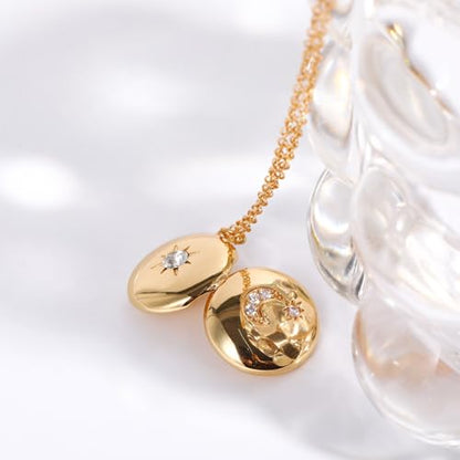Locket Necklace for Women, Vintage Dainty Gold Heart Oval Butterfly Star Moon Engraved Picture Photo Lockets Pendant Necklaces Memorial Necklace Personalized Jewelry Valentine Gifts - style: Star Moon Round
