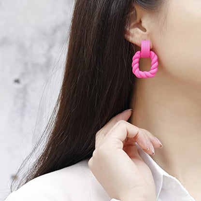 RUOFFETA Rectangle Earrings for Women, Acrylic Square Earrings Twisted Geometric Statement Jewelry - color: Hot Pink