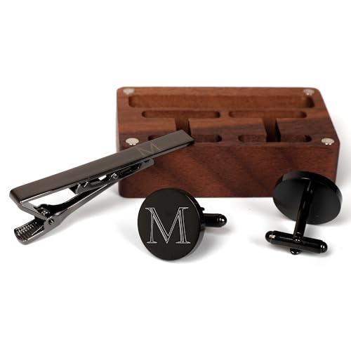 Mens Initial Cufflinks and Tie Clip A-Z Alphabet Letter Black Stainless Cuff Links Tie Bar with Engraved Walnut Wood Box Groom Groomsman Wedding Set - style: Classic-M
