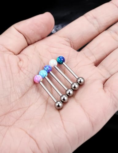14G Astm F136 Titanium Tongue Rings Piercing Jewelry 14 Gauge Internal Thread Straight Barbell Opal Tongue Rings Piercing Jewlery for Women Men White Pink Purple Blue Green 16MM Bar Length - color: Blue