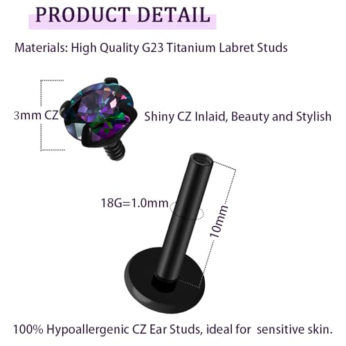 16G 18G Titanium Internal Thread CZ Stud Earrings Flat Back, Silver Black Tragus Helix Conch Cartilage Piercing Jewelry for Women Men 6mm 8mm 10mm Labret Studs 2PCS - color: Black, 18g, 10mm bar, 3mm RQ CZ