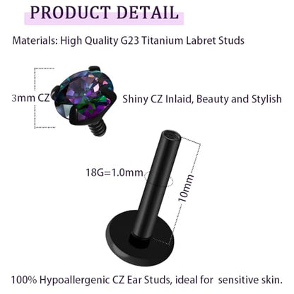 16G 18G Titanium Internal Thread CZ Stud Earrings Flat Back, Silver Black Tragus Helix Conch Cartilage Piercing Jewelry for Women Men 6mm 8mm 10mm Labret Studs 2PCS - color: Black, 18g, 10mm bar, 3mm RQ CZ