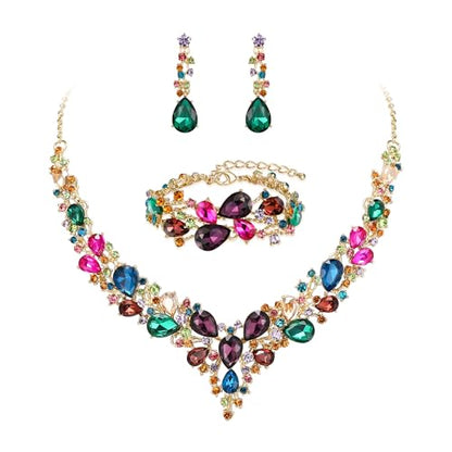 Wedding Bridal Jewelry Set for Women Bride Bridesmaids | Gorgeous Austrian Crystal Teardrop Cluster Statement Necklace Dangle Earrings Link Bracelet Set Prom Jewellery - color: 22-Multicolor Gold-Plated-Base