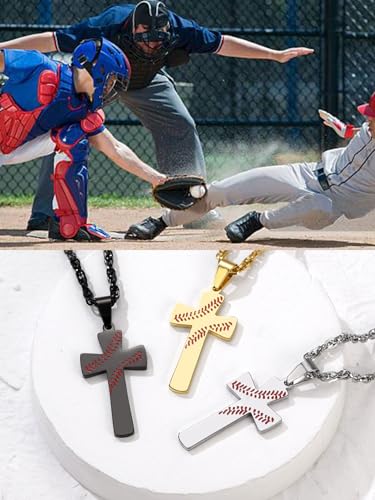 GOLDCHIC JEWELRY Sport Necklaces for Men Teen, Football Baseball Soccer Basketball Softball Necklaces with Stainless Steel Chain Athlete Jewelry Sports Fan Gift - color: Baseball Pattern Cross-Steel, style: NO Engraving