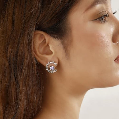 Elegant C-Shaped Crystal Stud Earrings with Birthstone Earring Silver Plated Fashion Jewelry for Women CE0003 - color: Purple-February