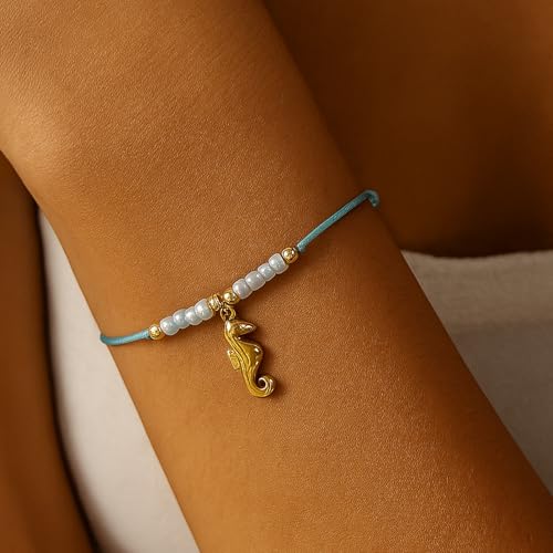 Boho Glass Seed Beaded Bracelets For Women, Handmade Romantic Gold Plated charm String Braided Rope Adjustable Jewelry, Summer Beach Daily Party Friendship Gift - color: Blue Seahorse