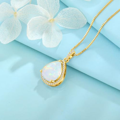 FJ Teardrop Pendant Necklace 925 Sterling Silver Birthstone Jewelry for Women - color: 10 October-Opal-Yellow Gold