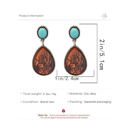 Boho Western Earrings for Women Western Feather Earrings Vintage Concho Turquoise Teardrop Dangle Earrings Country Concert Jewelry Accessories - style: Silver Brown Turquoise