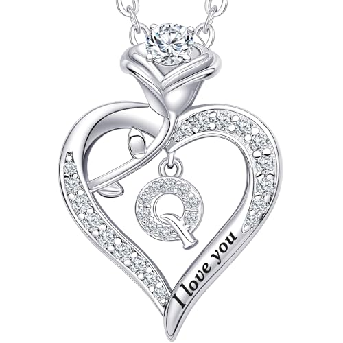 Rose Heart Pendant Necklace Gifts for Wife, Engraved 'I love you' Gift for Wife Girlfriend, Anniversary Birthday Eternity Jewelry Present for Women, Moissanite Necklace Gift for Her - style: Q
