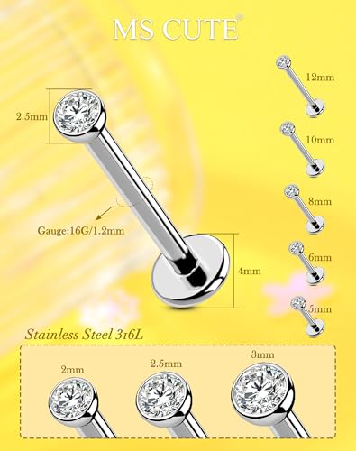 2Pcs Silver 20G/18G/16G Threadless Nose Stud Flat Back Earrings 316L Surgical Steel CZ Daity Nose Helix Cartilage Tragus Conch Labret Medusa Monroe Piercing Jewelry-Multiple Sizes & Gauges - size: 2PCS, 16g 8mm, 4mm CZ