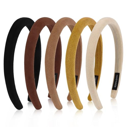 Wecoe Padded Headbands for Women 5pcs Fall & Winter Neutral Plain Sueded-Like Headbands Fashion Non slip Soft Comfortable Head Bands Hair Accessories for Women