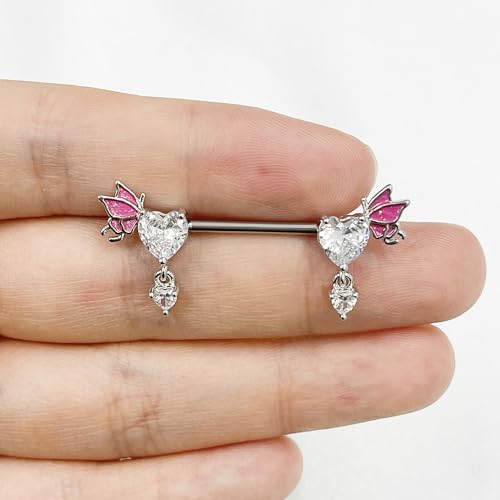 Pink Heart Nipple Rings for Women 14G 16mm Surgical Steel CZ Rhinestone Butterfly Dangling Nipple Shield Studs Body Piercing Jewelry Gifts - color: White