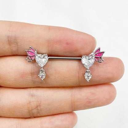 Pink Heart Nipple Rings for Women 14G 16mm Surgical Steel CZ Rhinestone Butterfly Dangling Nipple Shield Studs Body Piercing Jewelry Gifts - color: White