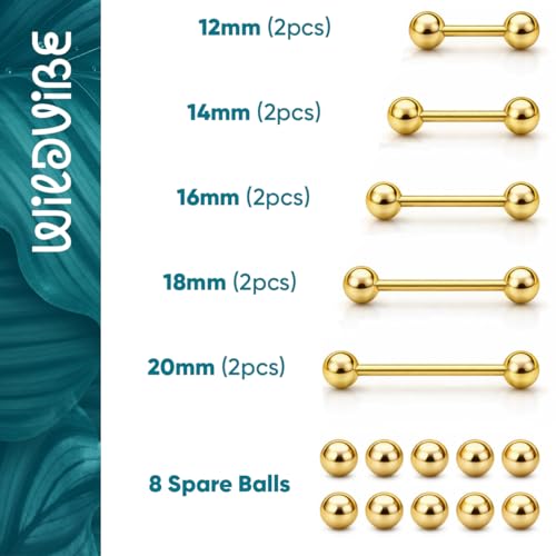 Tongue Rings Surgical Steel Straight Barbell Tongue Piercing Jewelry - Hypoallergenic Surgical Stainless Steel Nipple Rings for Women & Men Nipple Piercing Jewelry 14g, 16g (12mm 14mm 16mm 18mm 20mm) - color: 14g - Gold