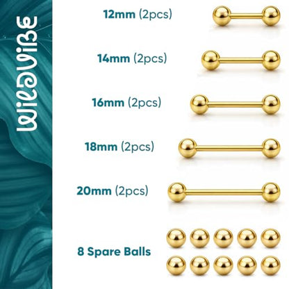 Tongue Rings Surgical Steel Straight Barbell Tongue Piercing Jewelry - Hypoallergenic Surgical Stainless Steel Nipple Rings for Women & Men Nipple Piercing Jewelry 14g, 16g (12mm 14mm 16mm 18mm 20mm) - color: 14g - Gold