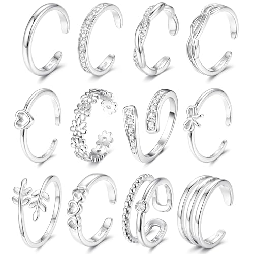 Sanfenly 12 Pcs Toe Rings for Women Non Tarnish Waterproof | 14K Gold Filled Dainty Thin Chunky Open Band Rings, Trendy Silver Plated Adjustable Toe Rings, Summer Beach Foot Jewelry Set - color: Silver Plated