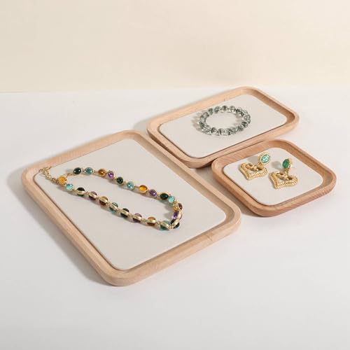 velvet Jewelry organizer tray, Beech wood Jewelry Display Plate, Beige Jewelry Viewing Tray, Jewelry showcase tray for Necklace Bracelet Ring Earring stand holder (Cream-Large, 9.8x 7.1 in) - size: Large