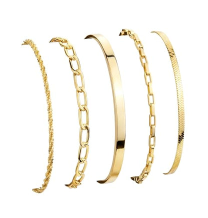 Dainty Gold Bracelet for Women Trendy Non Tarnish, Thin Bracelets Stackable Set with Bangle Cuff, Box, Herringbone, Paperclip, Figaro, Sparkling Link Chains Waterproof, Simple Jewelry Gifts for Women - color: style 03-gold