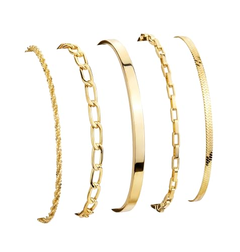 Dainty Gold Bracelet for Women Trendy Non Tarnish, Thin Bracelets Stackable Set with Bangle Cuff, Box, Herringbone, Paperclip, Figaro, Sparkling Link Chains Waterproof, Simple Jewelry Gifts for Women - color: style 03-gold