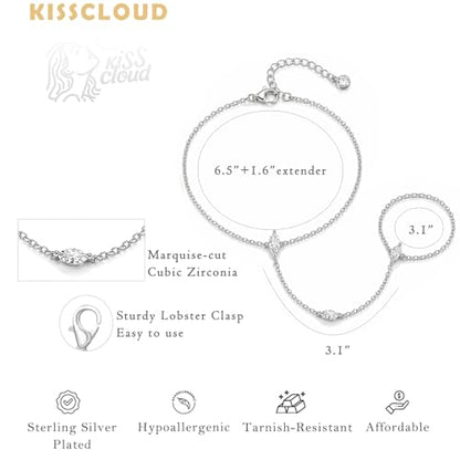 Bracelets for Women, Dainty Gold Silver Ring Bracelet Hand Chain | Cubic Zirconia Pearl Charms, 14K Gold Plated, Adjustable Fit, Trendy Stackable Link Chain, Waterproof Jewelry, Gift for Her - color: Silver-marquise hand chain
