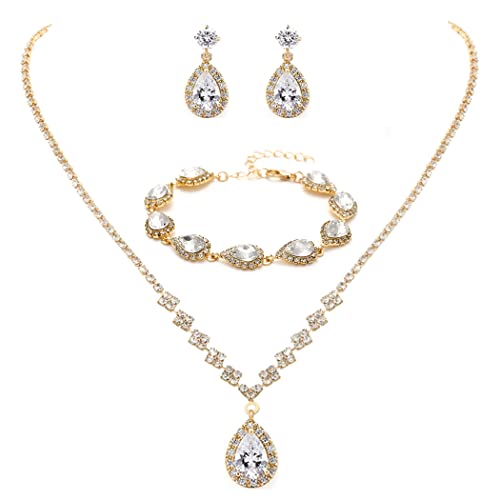 Unicra Bride Crystal Necklace Earrings Set Bridal Wedding Jewelry Sets Rhinestone Choker Necklace Prom Costume Jewelry Set for Women and Brides - color: D-3 Pack Gold Necklace Bracelet Earrings