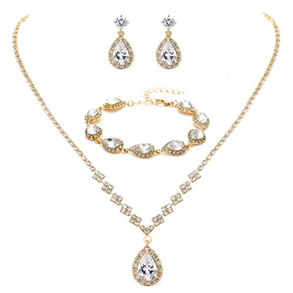 Unicra Bride Crystal Necklace Earrings Set Bridal Wedding Jewelry Sets Rhinestone Choker Necklace Prom Costume Jewelry Set for Women and Brides - color: D-3 Pack Gold Necklace Bracelet Earrings