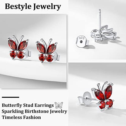 Bestyle Gold Butterfly Earrings for Women, Dainty Cute Birthstone Studs Hypoallergenic Jewelry, Great Birthday Gift - style: 01.January (Garnet)-STUD