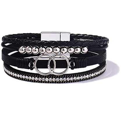 Chunky Boho Leather Wrap Bracelets Cowgirl Beaded Circle Western Jewelry | Stackable Infinity Layered Bohemian Magnetic Clasp Cuff Statement Fashion Colorful Country Hippie Outfits for Women Trendy - color: Black