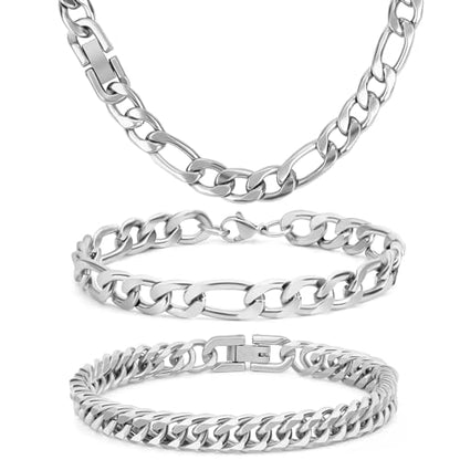 3PCS Figaro Necklace Bracelet Cuban Bracelet, Silver Gold Black Sturdy 316L Stainless Steel Cuban Link Figaro Chain for Men Jewelry Set with Gift Message Card 8mm, 7/8/9 Inches - color: Silver, size: Bracelet width:7 inches