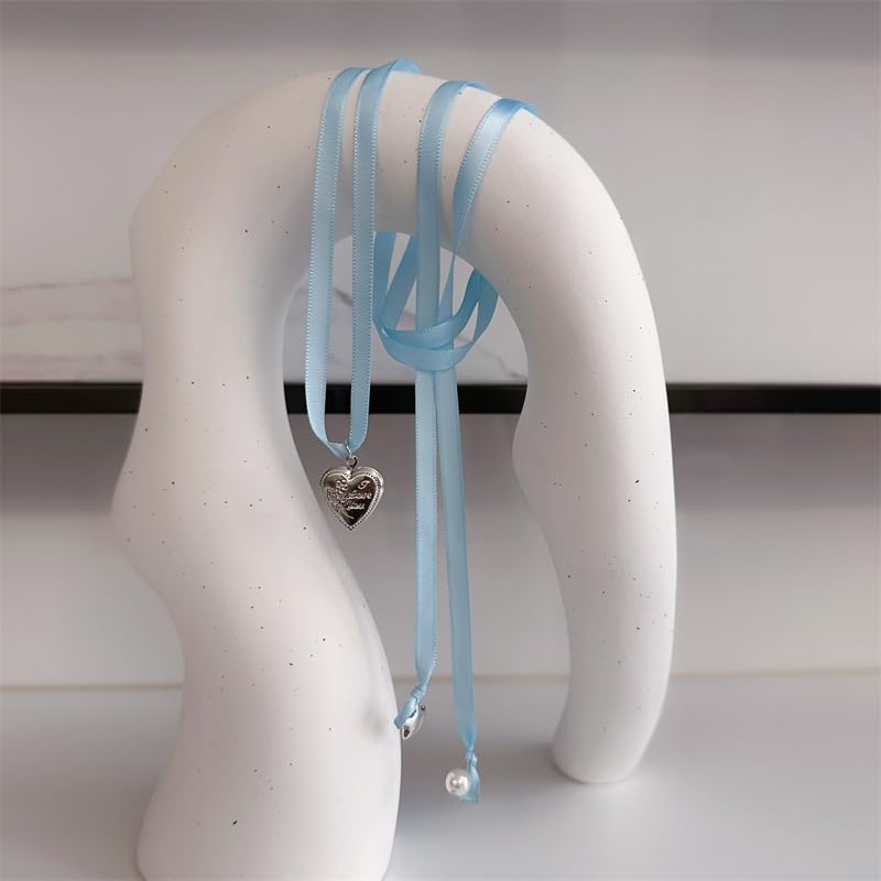 Pearl Ribbon Bow Choker Necklaces Y2k Coquette Necklace for Women - color: Blue