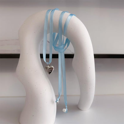 Pearl Ribbon Bow Choker Necklaces Y2k Coquette Necklace for Women - color: Blue