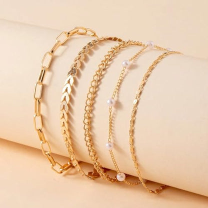 Fesciory 14K Gold Plated Ankle Bracelets Sets For Women, Adjustable Layered Infinite Anklet, Summer Beach Butterfly Star Foot Chain Jewelry Gifts - style: Pearl(Gold)