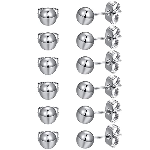 6 Pairs Surgical Stainless Steel Round Ball Stud Earrings Set for Women Men 3-7mm - style: 6 Pairs 6mm Ball Stud Earrings