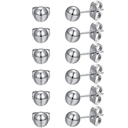 6 Pairs Surgical Stainless Steel Round Ball Stud Earrings Set for Women Men 3-7mm - style: 6 Pairs 6mm Ball Stud Earrings