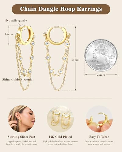 Tassel Chain Small Gold Hoop Dangle Earring For Women Huggie Earring Heart Star CZ 14K Gold Plated Fashion Jewelry Graduation Gift for Her Mothers Day Gifts for Mom - color: Circle-Gold