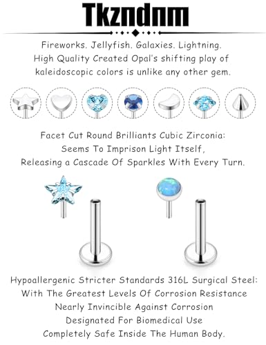 Threadless Noses Rings, Flat Back Earrings, 20/18/16g-Gauge 5/16in-Post 3mm-Top, Hypoallergenic Surgical Steel Medusa Lip Labret Cartilage Helix Tragus Conch Piercing Jewelry for Women Men - color: Blue, size: 16g*8mm