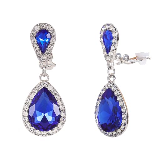 Classic Austrian Crystal Tear Drop Clip on Dangle Earrings for Women - color: Blue,Silver