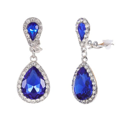 Classic Austrian Crystal Tear Drop Clip on Dangle Earrings for Women - color: Blue,Silver